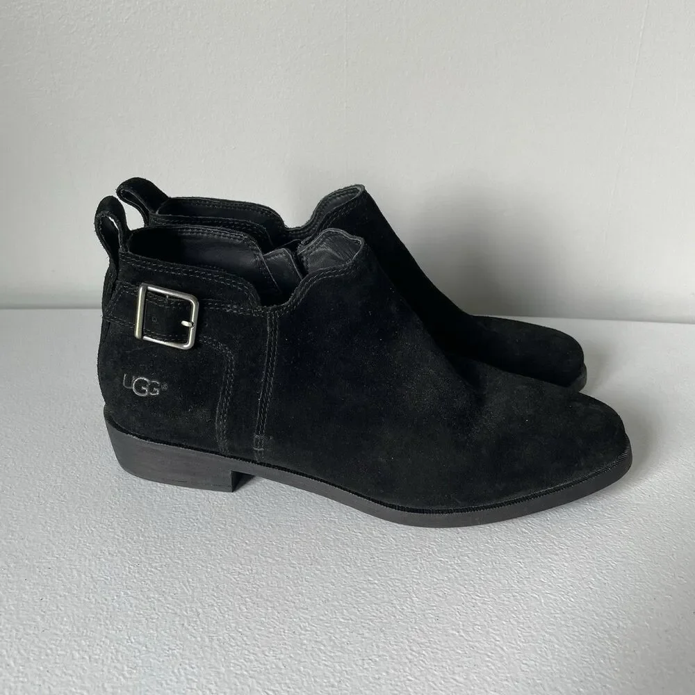 UGG Kelsea Ankle Booties Boots Shoes Black Leather Suede Buckle Women's Size 8.5